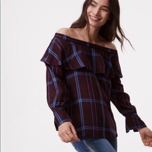 Loft purple plaid casual off the shoulder ruffled sleeves top blouse S - Picture 15 of 15